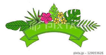 Ribbon with stylized palm leaves. Decorative image of tropical foliage and plants. Ribbon with stylized palm leaves. Decorative image of tropical foliage and plants. 129053626