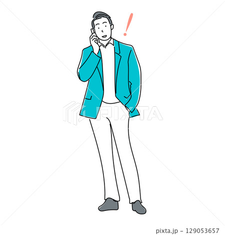 イラスト素材: スマートフォンで通話するスーツ姿の男性｜ベクター線画 129053657