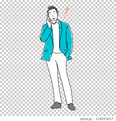 イラスト素材: スマートフォンで通話するスーツ姿の男性｜ベクター線画 129053657