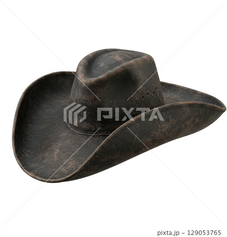 Vintage dark brown leather cowboy hat with a weathered texture and classic western design 129053765