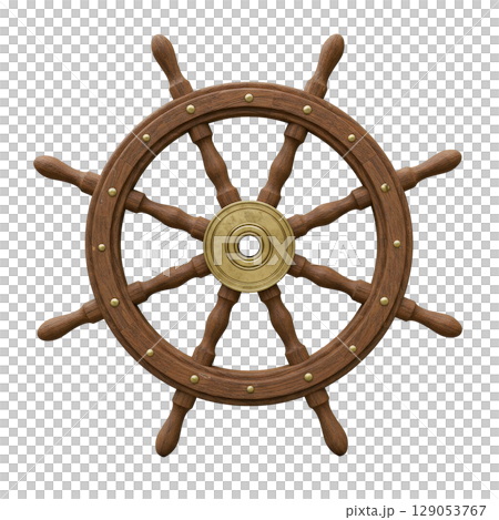 Vintage wooden ship's wheel with sturdy spokes and a polished brass center, evoking adventure 129053767