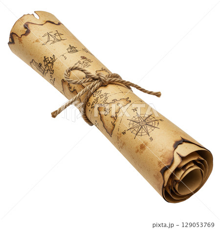 Antique rolled treasure map on aged parchment, tied with rope, symbolizing adventure 129053769