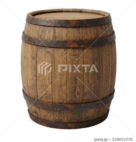 Old wooden barrel with rusty metal hoops a vintage container for wine whiskey or beer 129053770