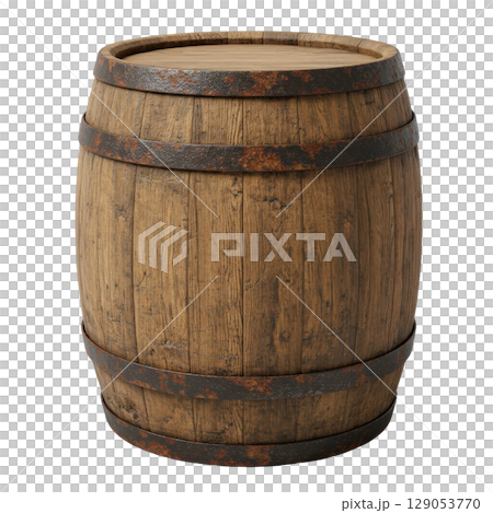Old wooden barrel with rusty metal hoops a vintage container for wine whiskey or beer 129053770