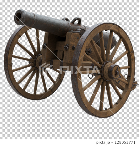Vintage field cannon with wooden carriage and wheels a historical military artillery weapon 129053771