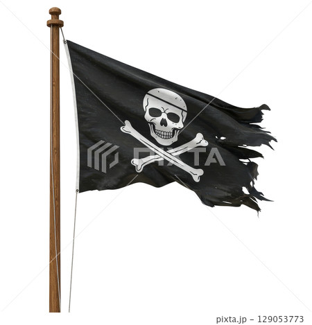 Tattered black pirate flag with skull and crossbones symbol waving on a wooden flagpole 129053773