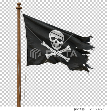 Tattered black pirate flag with skull and crossbones symbol waving on a wooden flagpole 129053773