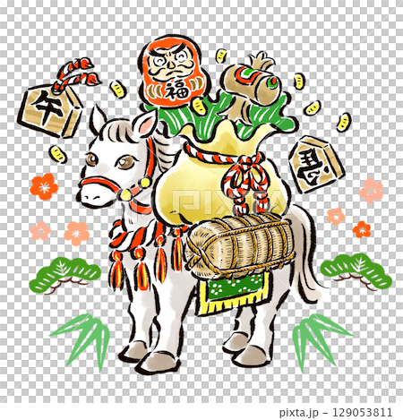 A hand-drawn illustration of the Chinese zodiac horse (Uma) carrying a bag full of lucky charms and a rice bale 129053811