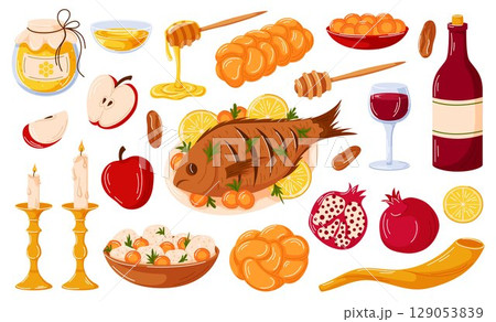 Jewish holiday Rosh Hashanah set in cartoon style. Fish with head, Challah bread, matzo soup, kiddush, honey and other food collection isolated on a white background. 129053839