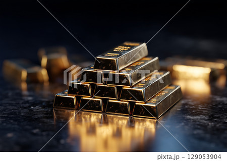 輝く金の延べ棒の山｜富と価値を象徴する高級感あふれる構図 129053904