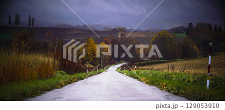 小雨降る北海道美瑛町の晩秋の道のある風景 129053910