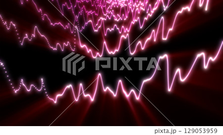 Electric pink and red waves with glowing dotted trails ripple across a black digital field, radiating pulse and contrast 129053959