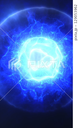 Intense glowing blue energy ring on dark background, resembling a futuristic plasma explosion or portal effect Intense glowing blue energy ring on dark background, resembling a futuristic plasma explosion or portal effect 129053962