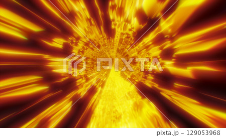 Fiery yellow and orange tunnel with intense light streaks radiating from the center, evoking explosive motion 129053968