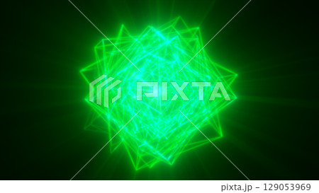 Glowing green energy sphere formed by dynamic mesh particles and radiant digital strands in a dark space 129053969