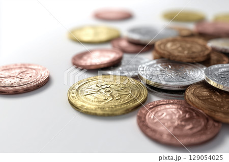 色とりどりのコインが広がる情景｜価値と経済を象徴するメタリックな表現 129054025