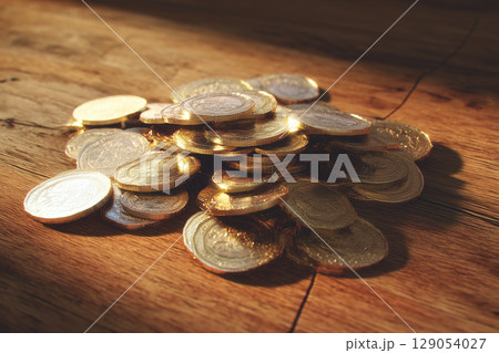光に輝く金貨とコインの山｜富と価値を象徴するアンティークな質感 129054027