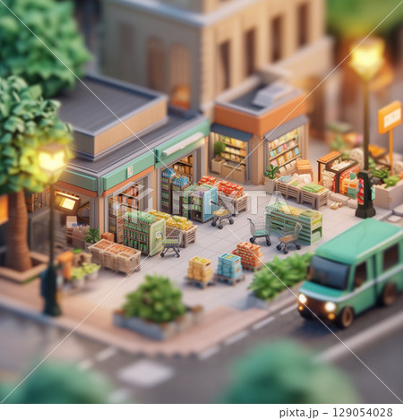 街角のミニチュア商店街風景｜温もりと生活感あふれるブロックアート 129054028