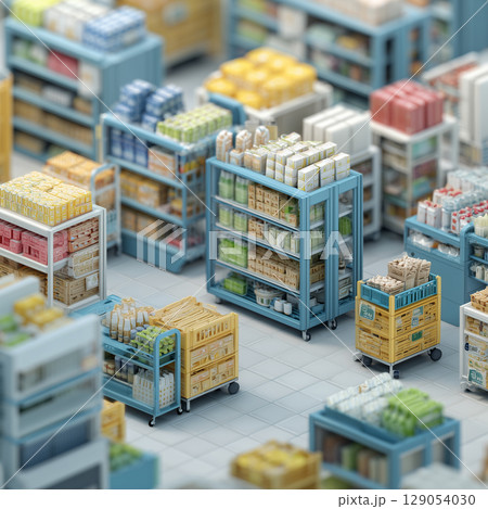 ブロック調で描かれた倉庫内の棚｜整理整頓された物流空間のミニチュア表現 129054030