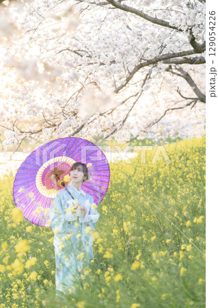 夕暮れ時に和傘を持って満開の桜の下を歩くミドル女性 129054226