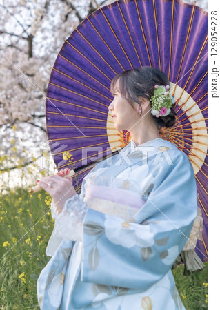 夕暮れ時に和傘を持って満開の桜の下を歩くミドル女性 夕暮れ時に和傘を持って満開の桜の下を歩くミドル女性 129054228