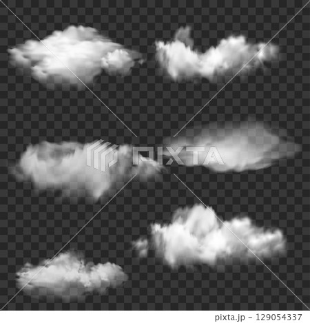 Realistic White Smoke and Cloud Shapes Set. Transparent Overlay. Vector 129054337