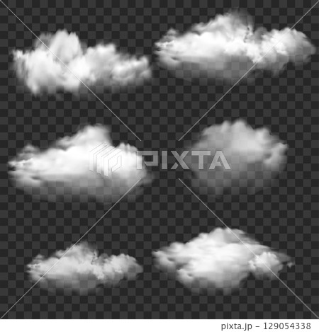 Realistic White Smoke and Cloud Shapes Set. Transparent Overlay. Vector 129054338