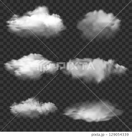 Realistic White Smoke and Cloud Shapes Set. Transparent Overlay. Vector 129054339