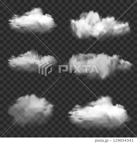 Realistic White Smoke and Cloud Shapes Set. Transparent Overlay. Vector Realistic White Smoke and Cloud Shapes Set. Transparent Overlay. Vector 129054341