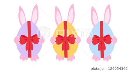 Easter Bunny hiding behind Easter Egg with red tied ribbon bow Easter greeting design elements Set Easter Bunny hiding behind Easter Egg with red tied ribbon bow Easter greeting design elements Set 129054362