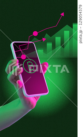 Digital composition. Neon green hands holding phone with banking and dollar icons on dark background 129054379