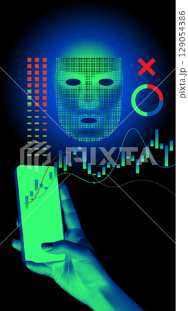 Bold digital poster. Green phone and AI face with financial chart overlay Bold digital poster. Green phone and AI face with financial chart overlay 129054386