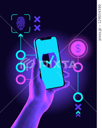 Digital collage. Hand holding phone with fingerprint and secure payment icons in neon interface 129054390