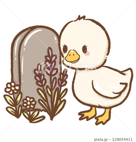 Cute goose standing beside a headstone gentle mourning scene illustration perfect for remembrance theme peaceful cemetery setting animal tribute art cozy Halloween or autumn memorial design Cute goose standing beside a headstone gentle mourning scene illustration perfect for remembrance theme peaceful cemetery setting animal tribute art cozy Halloween or autumn memorial design 129054411