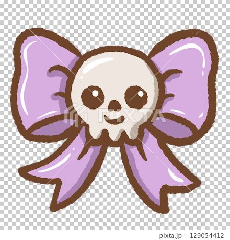 Spooky skull resting on purple ribbon gothic Halloween illustration perfect for dark aesthetic design creepy cute decor emblem or badge clipart alternative fashion and spooky season theme art 129054412