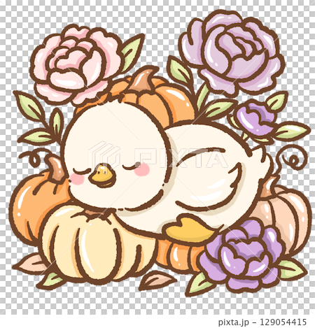 A peaceful goose sleeping among vibrant pumpkins surrounded by lush purple and pink peonies cozy autumn garden scene perfect for seasonal designs greeting cards and nature inspired artwork 129054415