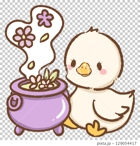 Cute goose sitting beside purple cauldron with smoke and flowers magical Halloween illustration perfect for spooky season cozy witchy animal art autumn potion scene and enchanted fall design 129054417