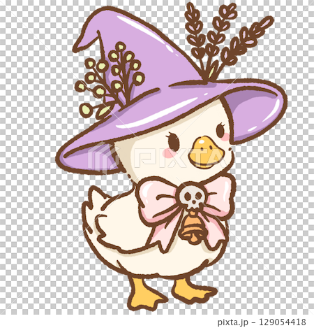 Cute goose wearing purple witch hat with floral decorations and ribbon around neck whimsical Halloween illustration perfect for cozy spooky season animal art magical fall and autumn clipart theme 129054418