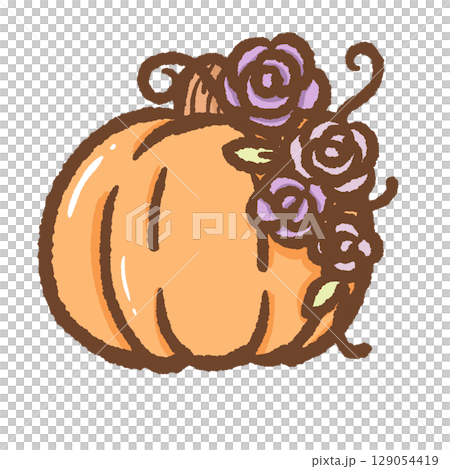 A large pumpkin adorned with intricate floral vines and leaves on top detailed autumn harvest illustration perfect for fall decorations seasonal greeting cards and nature inspired design projects 129054419