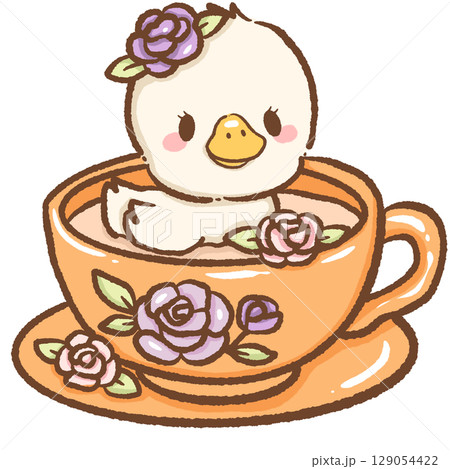 Adorable goose sitting inside an orange floral teacup surrounded by beautiful purple roses whimsical charming nature inspired spring garden illustration perfect for greeting cards and design projects Adorable goose sitting inside an orange floral teacup surrounded by beautiful purple roses whimsical charming nature inspired spring garden illustration perfect for greeting cards and design projects 129054422