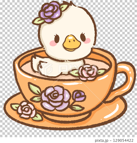 Adorable goose sitting inside an orange floral teacup surrounded by beautiful purple roses whimsical charming nature inspired spring garden illustration perfect for greeting cards and design projects 129054422