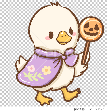 A cute goose wearing a flowing purple cape holding a jack o lantern lollipop playful Halloween costume scene perfect for seasonal designs festive decorations childrens party artwork projects 129054423