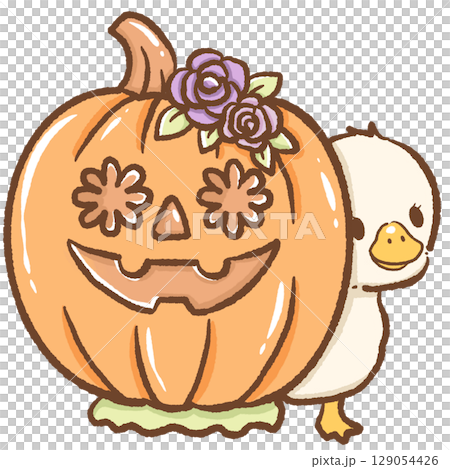 A cute goose hiding behind a carved jack o lantern surrounded by autumn flowers spooky fall scene perfect for Halloween designs seasonal decorations greeting cards and whimsical artwork projects 129054426