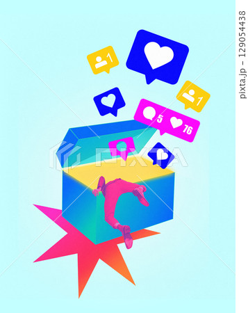 Modern collage. Person diving into colorful box surrounded by floating social icons and engagement counters 129054438