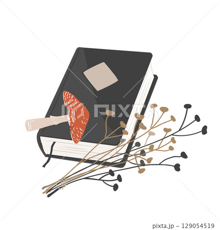 Halloween Aesthetic Composition with a Witch magical book, fly agaric mushroom and dried flowers. Vector Autumn illustration isolated on white. 129054519