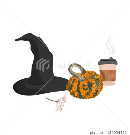 Halloween Aesthetic Composition with a Witch Hat, Warty Pumpkin, and Paper Coffee Cup. Vector Autumn illustration. 129054521
