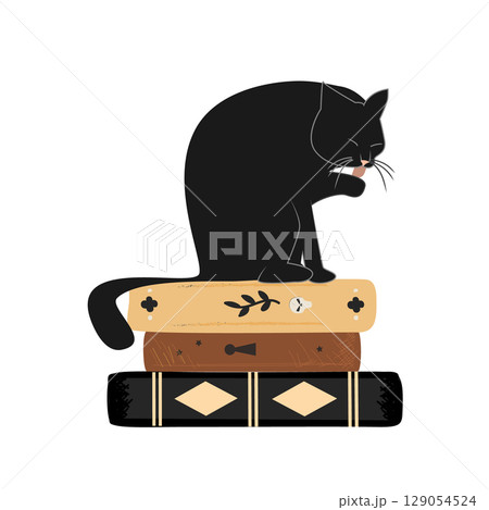 Pile of vintage books with a big black cat on the top. Halloween books composition isolated on white background. Home library. Vector illustration 129054524