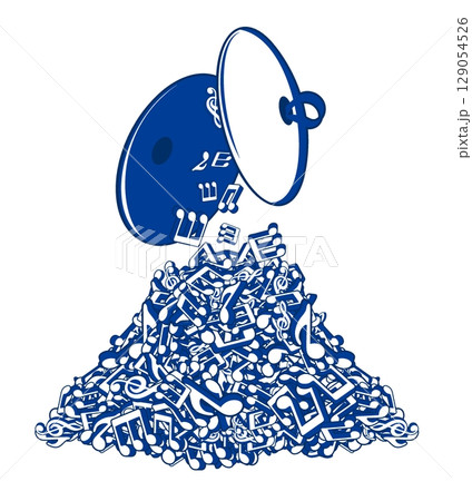 Brass cymbals musical instrument on top of mountain made of notes and musical symbols piled up in big heap. Musical notes big pile. Vector banner for advertising of music opera 129054526