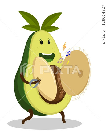 Cheerful avocado character street drummer of street orchestra beats a drum on copper cymbals, a musical percussion instrument. Cartoon vector isolated on white background Cheerful avocado character street drummer of street orchestra beats a drum on copper cymbals, a musical percussion instrument. Cartoon vector isolated on white background 129054527
