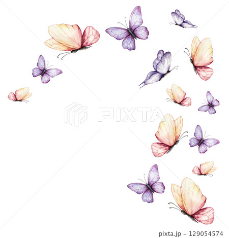Frame with beautiful colorful butterflies. Watercolor hand drawn logo, template, insect clipart isolated on background. Botanical and wedding illustration. Baby shower design elements. Party Frame with beautiful colorful butterflies. Watercolor hand drawn logo, template, insect clipart isolated on background. Botanical and wedding illustration. Baby shower design elements. Party 129054574